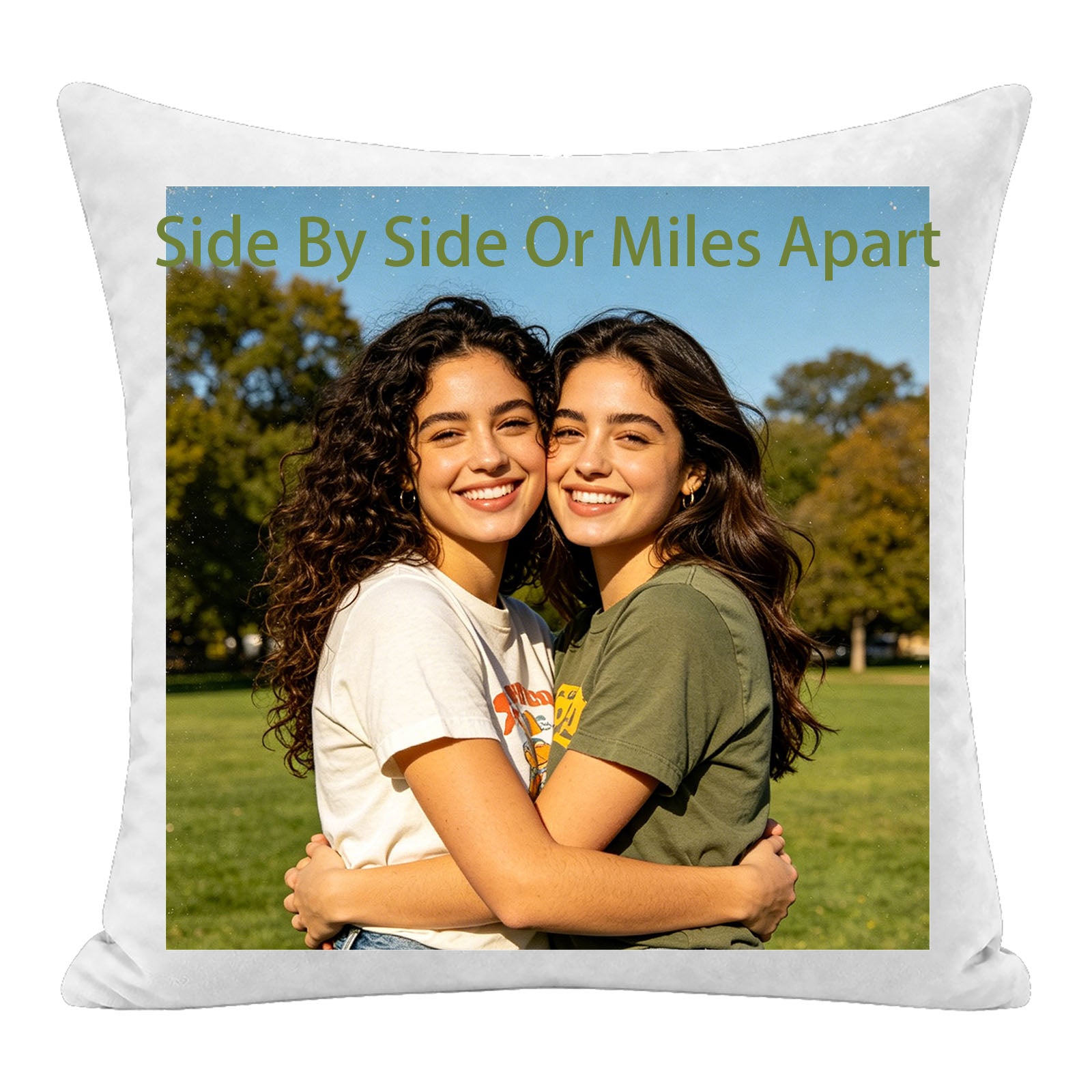Custom sisters photo pillow personalized with the quote "Side By Side Or Miles Apart", featuring a heartwarming portrait of two sisters. A premium keepsake cushion, perfect as a sentimental birthday, long-distance, or sisterhood gift for your best sister.