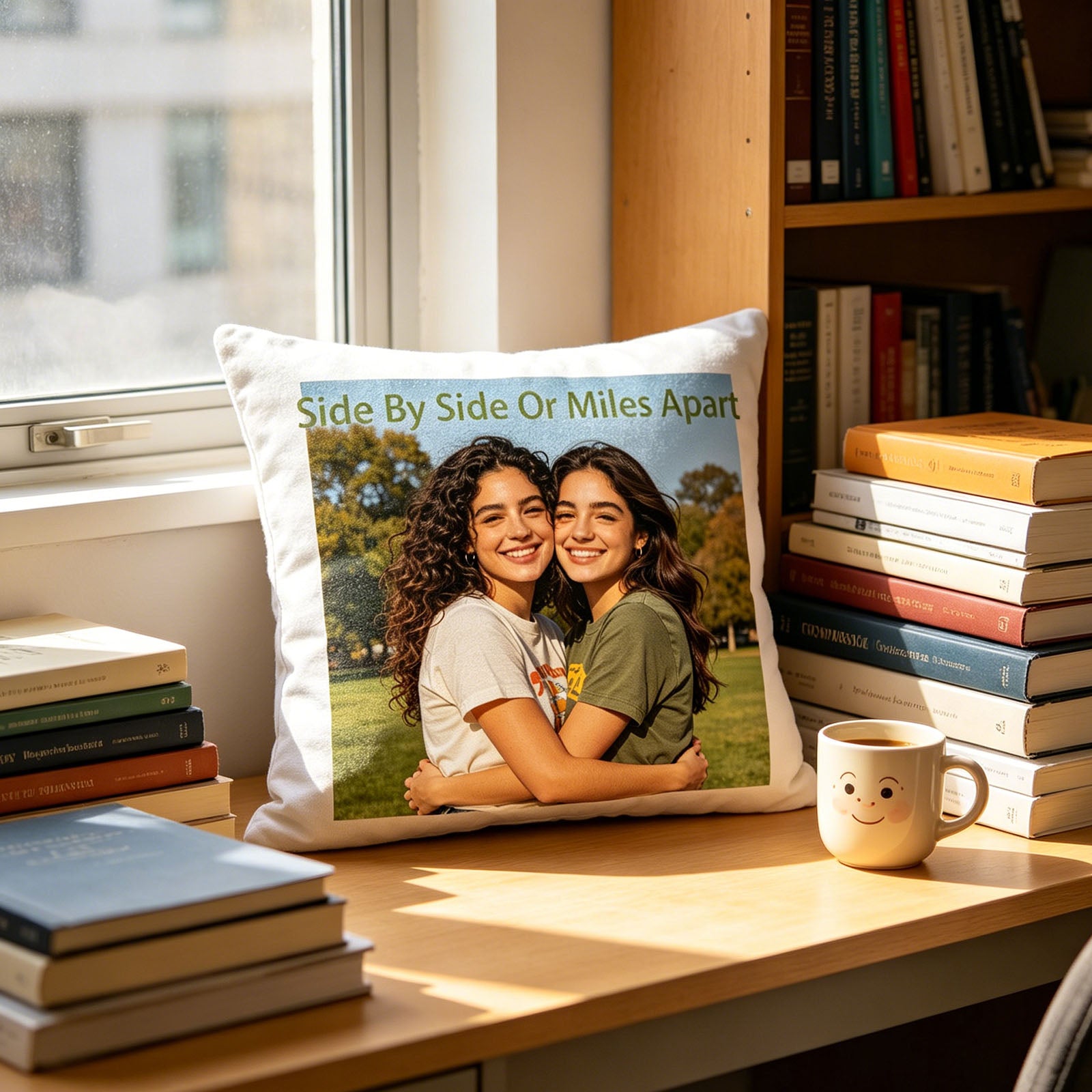 Custom sisters photo pillow placed on a sunlit college dorm desk, surrounded by textbooks and a coffee mug. An inspiring touch for students, celebrating the sisterly bond that supports academic journeys.