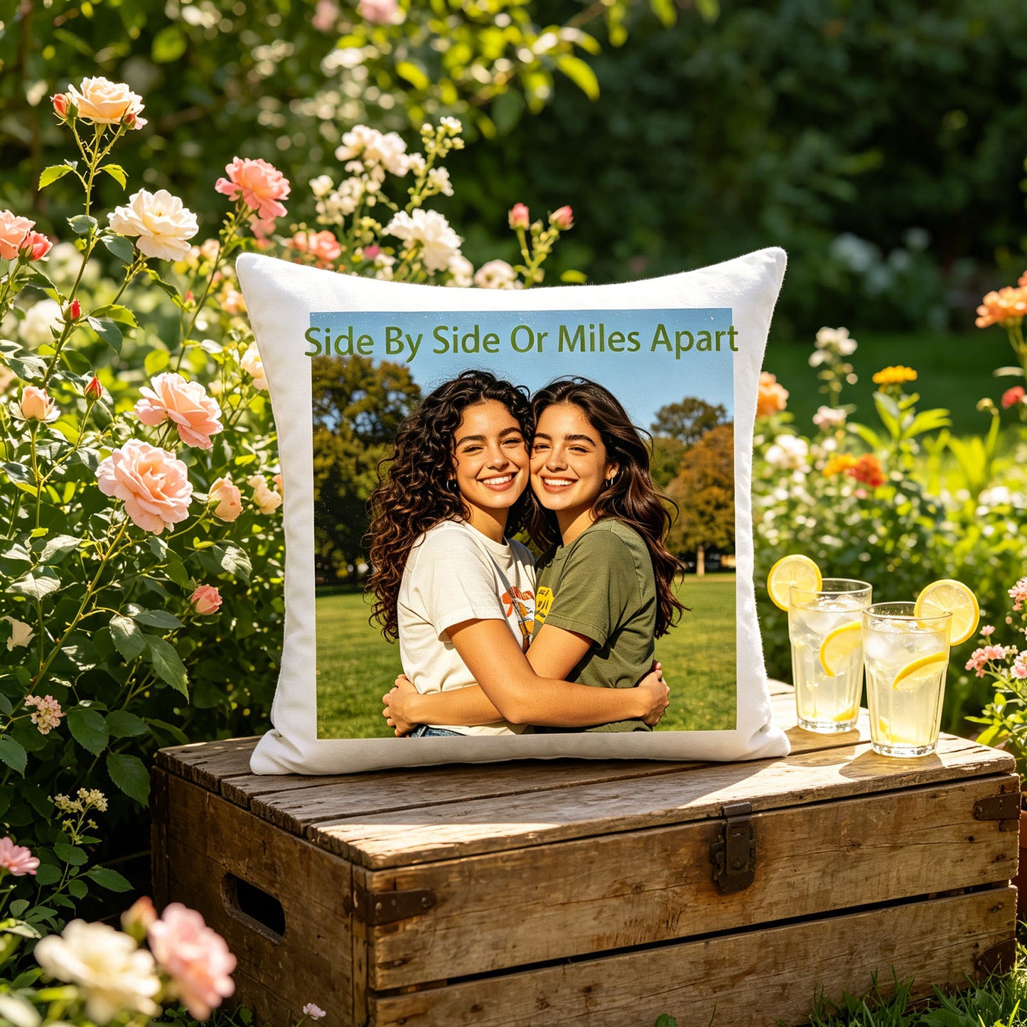Custom sisters photo pillow placed on a vintage wooden crate in a blooming rose garden, with lemonade glasses nearby. A cheerful, summery touch perfect for outdoor gatherings with your sister.