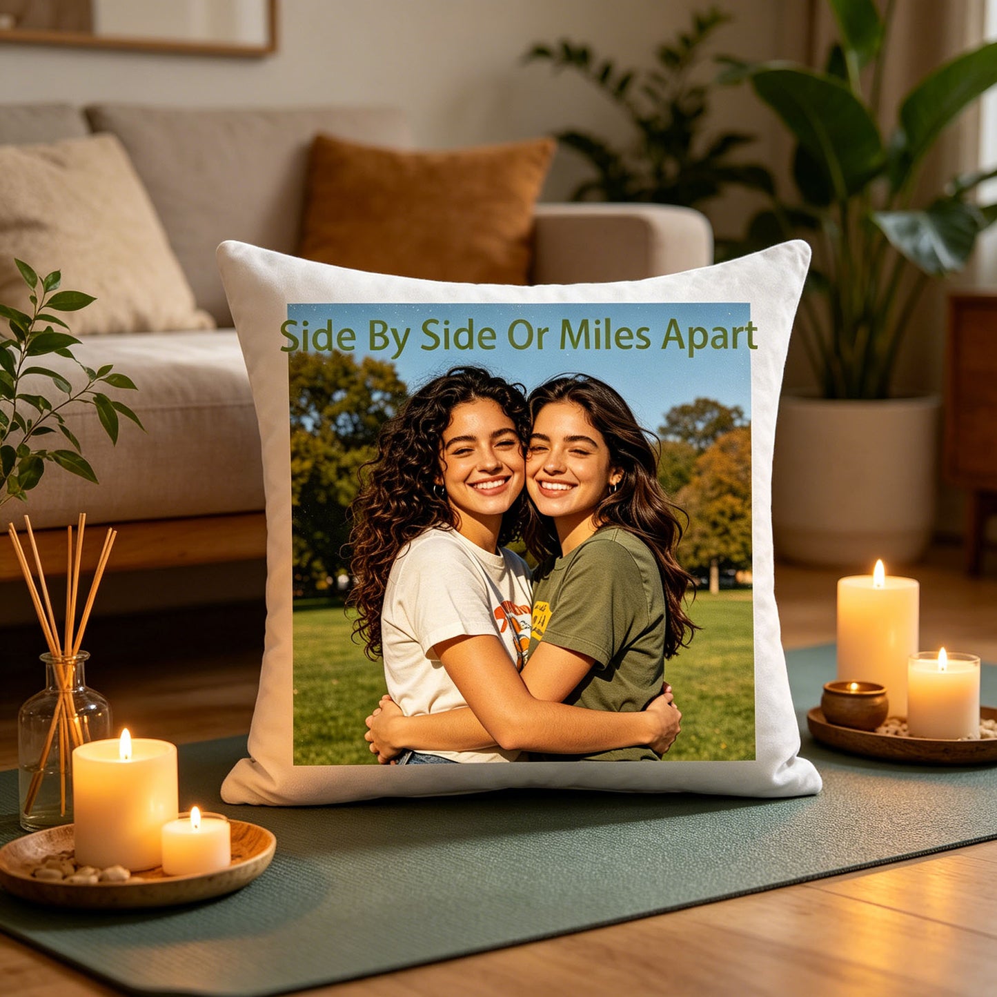 Custom sisters photo pillow placed on a yoga mat in a cozy living room, surrounded by lit candles and plants. A peaceful, relaxing touch perfect for self-care nights dedicated to sisterhood memories.