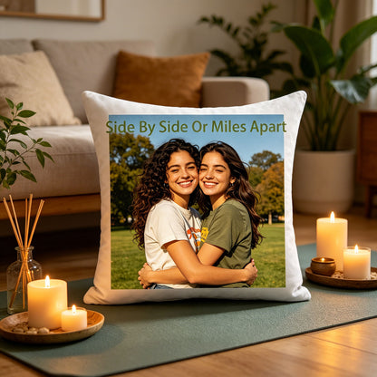Custom sisters photo pillow placed on a yoga mat in a cozy living room, surrounded by lit candles and plants. A peaceful, relaxing touch perfect for self-care nights dedicated to sisterhood memories.