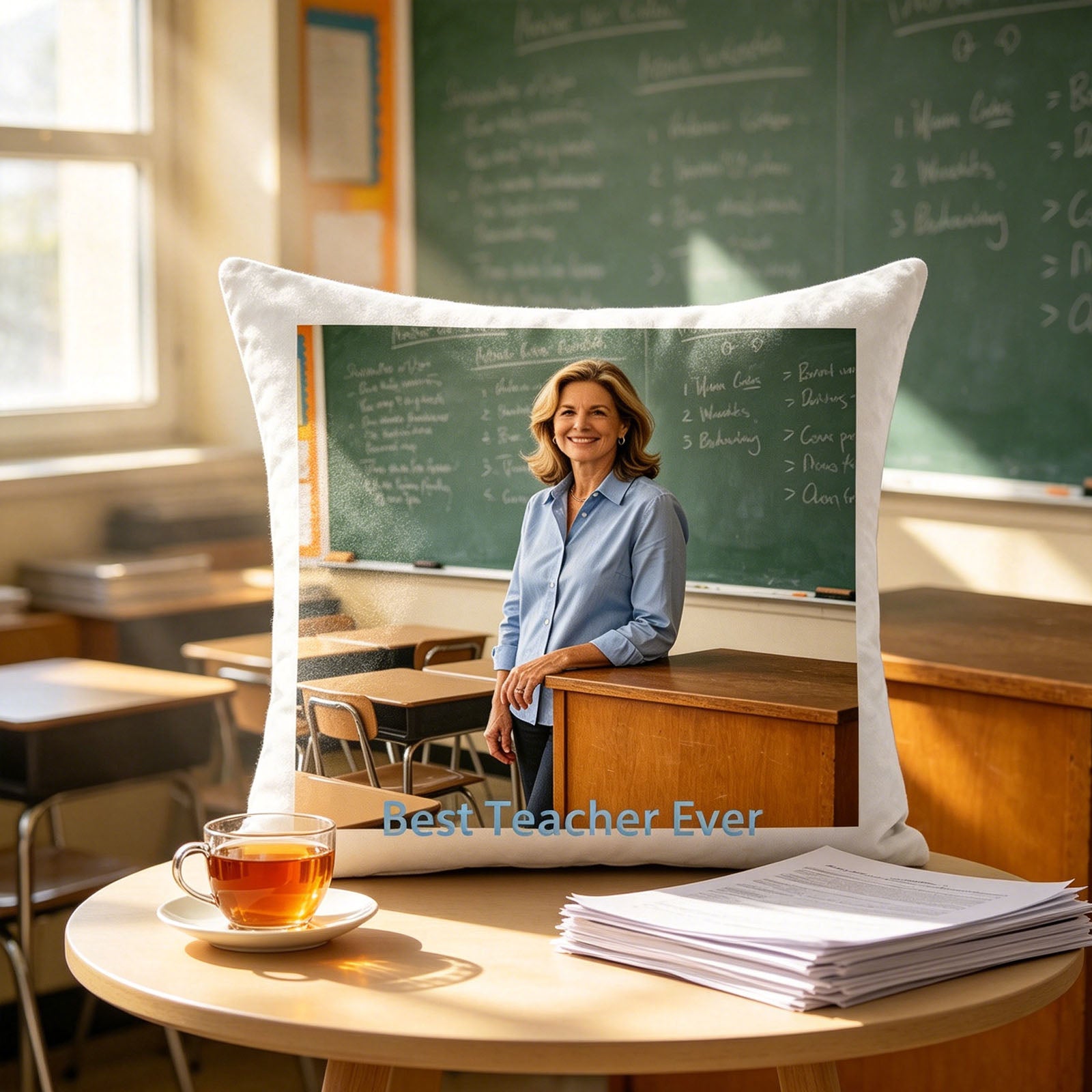 Custom teacher photo pillow placed on a classroom desk, next to a cup of tea and lesson plan papers. A warm, familiar touch for teachers’ classrooms, showing appreciation for their daily hard work.