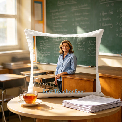 Custom teacher photo pillow placed on a classroom desk, next to a cup of tea and lesson plan papers. A warm, familiar touch for teachers’ classrooms, showing appreciation for their daily hard work.