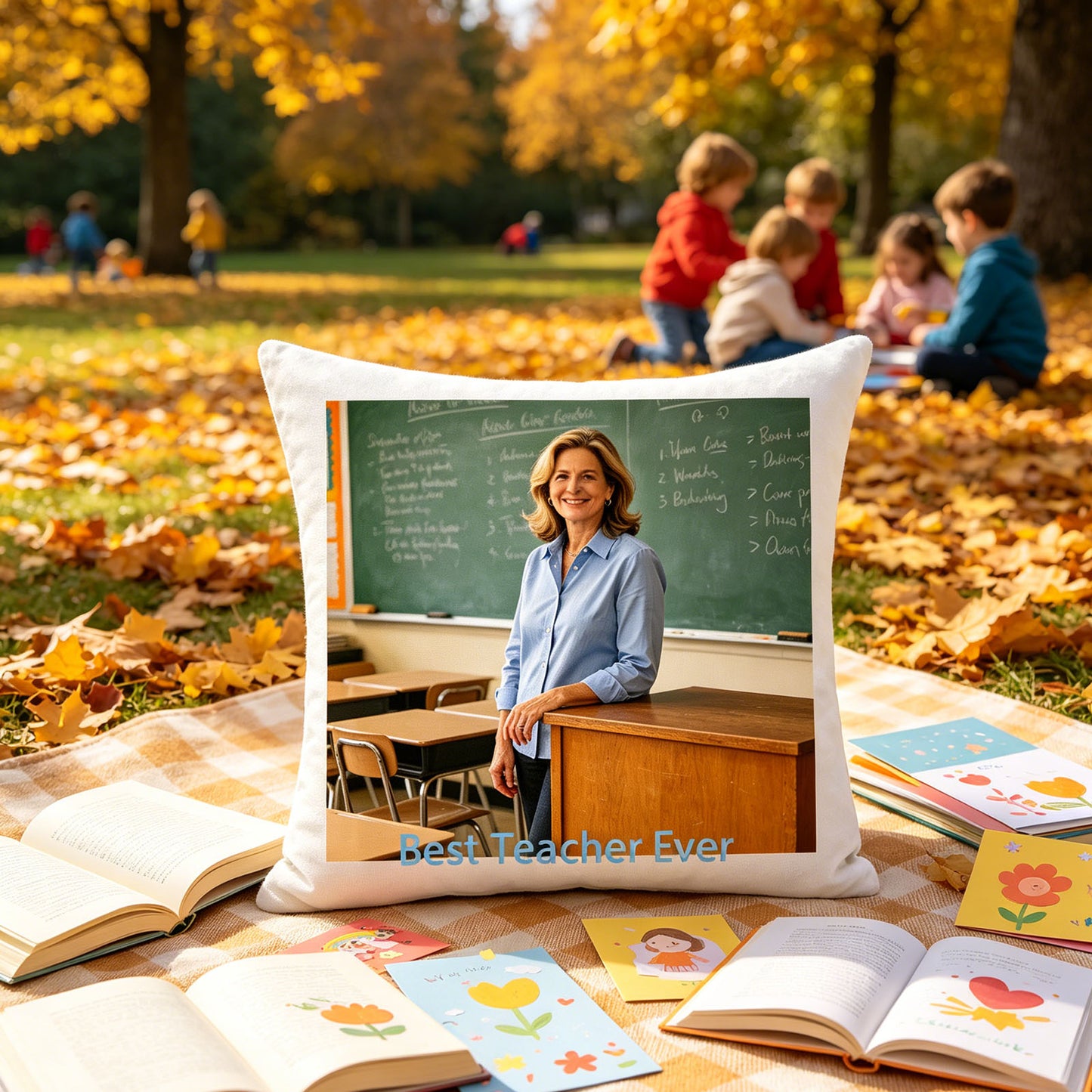 Custom teacher photo pillow placed on a checkered picnic blanket in an autumn park, surrounded by books and colorful leaves. A cheerful, seasonal scene showing the pillow as part of a teacher’s relaxing weekend outing.