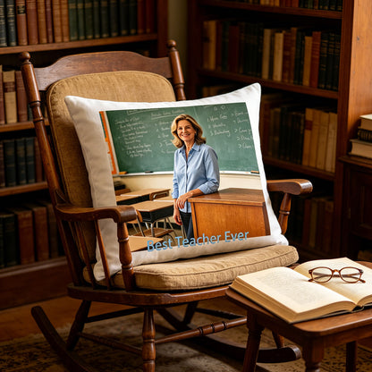 Custom teacher photo pillow resting on a classic wooden rocking chair in a sunlit home library. A cozy, nostalgic touch for teachers’ reading nooks, celebrating their love of learning.