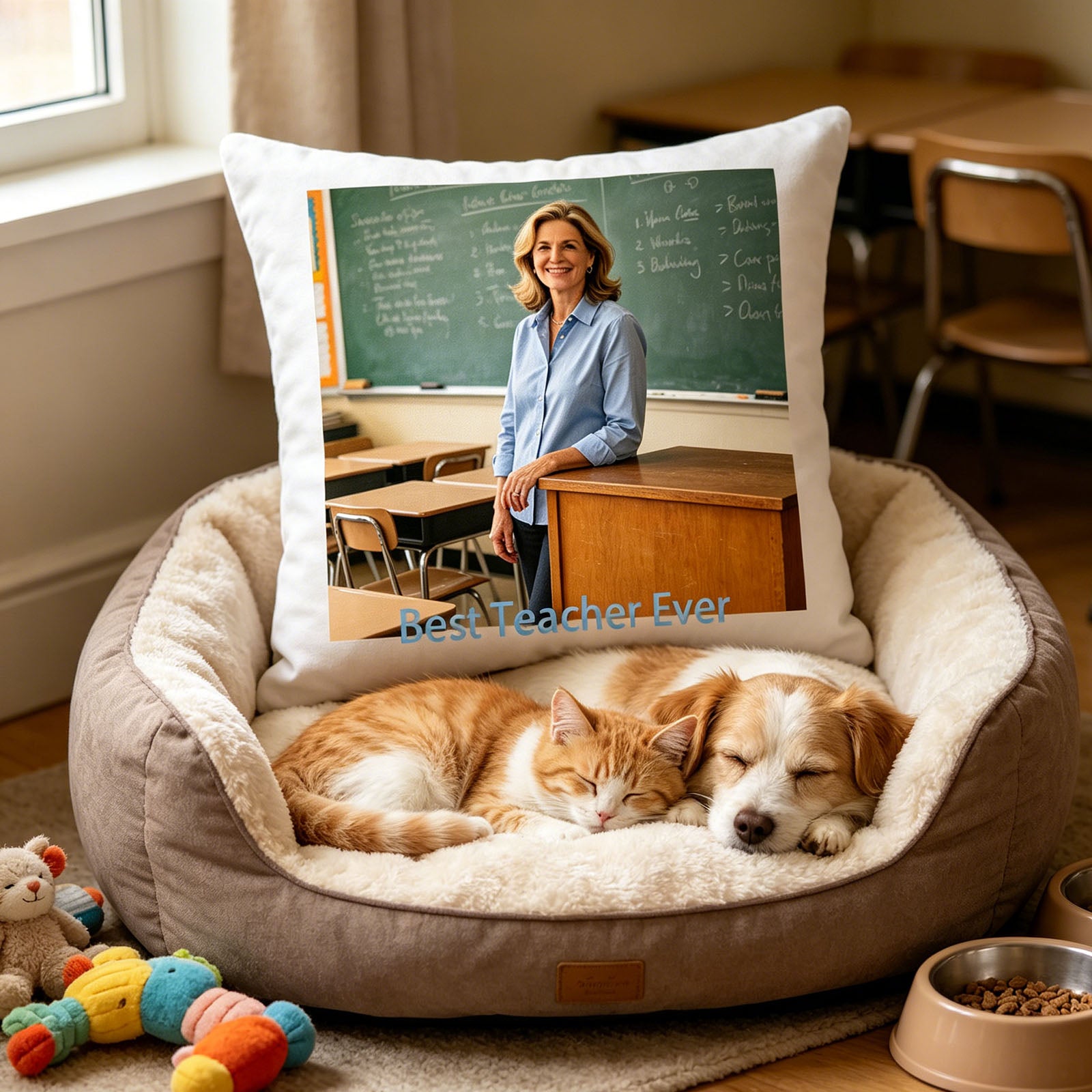 Custom teacher photo pillow on a cozy pet bed, with a cat and dog curled up next to it. A warm, homey scene showing the pillow as part of a teacher’s relaxed, loving home life.