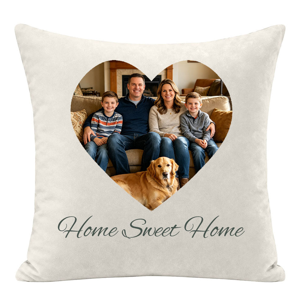 Custom text "Home Sweet Home" on the personalized velvet pillow cover, a timeless family keepsake