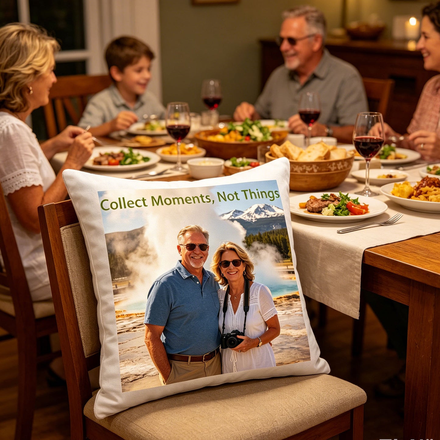 Custom travel photo pillow placed on a dining chair at a cozy family dinner table, surrounded by plates of food and wine glasses. A warm, homey scene showing the pillow as a conversation starter during family gatherings about travel memories.