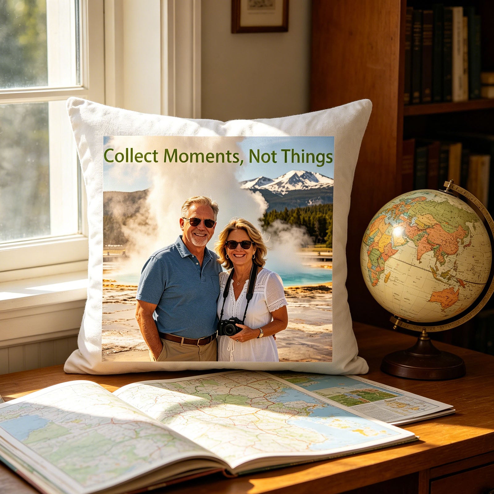 Custom travel photo pillow placed on a sunlit home office desk, surrounded by a vintage globe, travel atlas, and books. An inspiring touch perfect for travel lovers, celebrating the joy of planning and reminiscing about adventures.