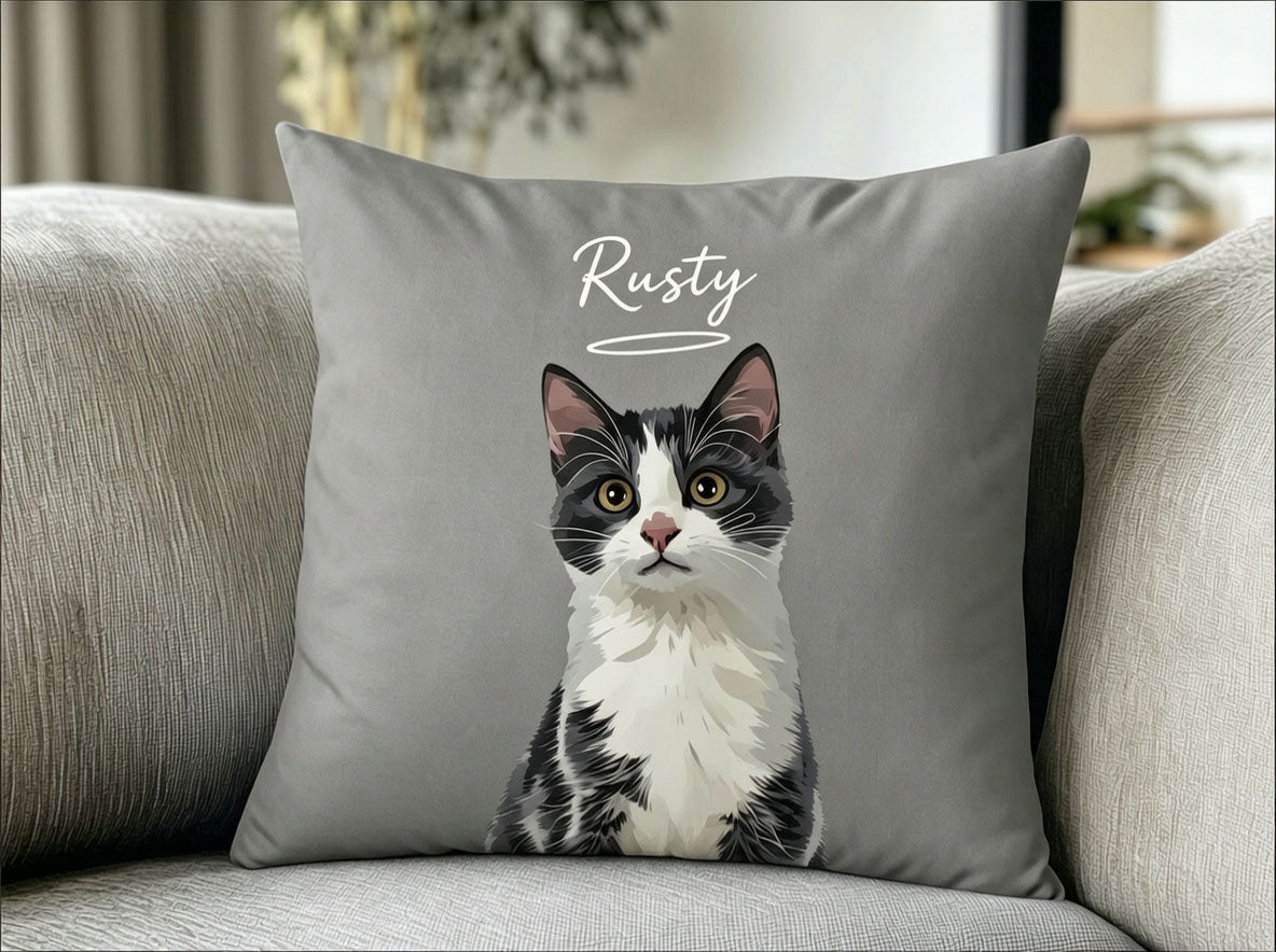 Custom memorial pet pillow with a hand-illustrated portrait of a tuxedo cat named Rusty on a gray cushion, complete with a halo detail for pet remembrance.