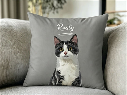 Custom memorial pet pillow with a hand-illustrated portrait of a tuxedo cat named Rusty on a gray cushion, complete with a halo detail for pet remembrance.