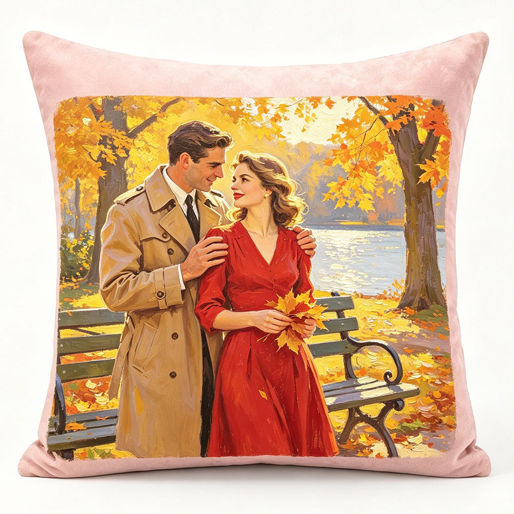 Custom vintage couple pillow, oil painting style couple by autumn lake, retro romantic decor