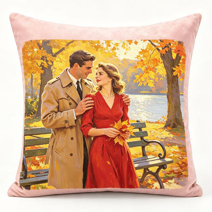 Custom vintage couple pillow, oil painting style couple by autumn lake, retro romantic decor