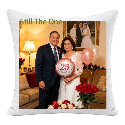 Custom wedding anniversary photo pillow personalized with the quote "Still The One", featuring a couple celebrating their 25th anniversary. A premium keepsake cushion, perfect as a sentimental anniversary gift for couples, spouses, or long-term partners.
