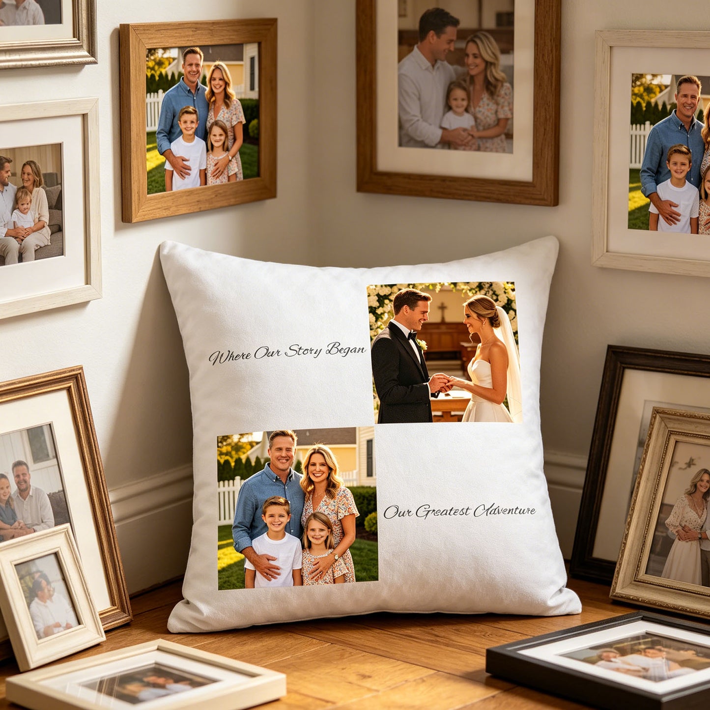 Custom wedding and family photo pillow placed on a wooden floor, surrounded by framed family and wedding photos. A nostalgic, heartwarming scene celebrating the couple’s love story and growing family memories.