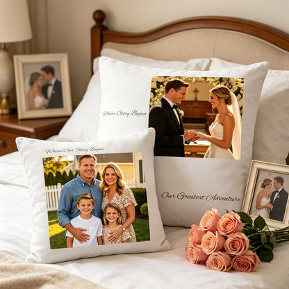 custom-wedding-family-pillows-on-master-bedroom-bed-with-pink-roses-and-wedding-photo-frames