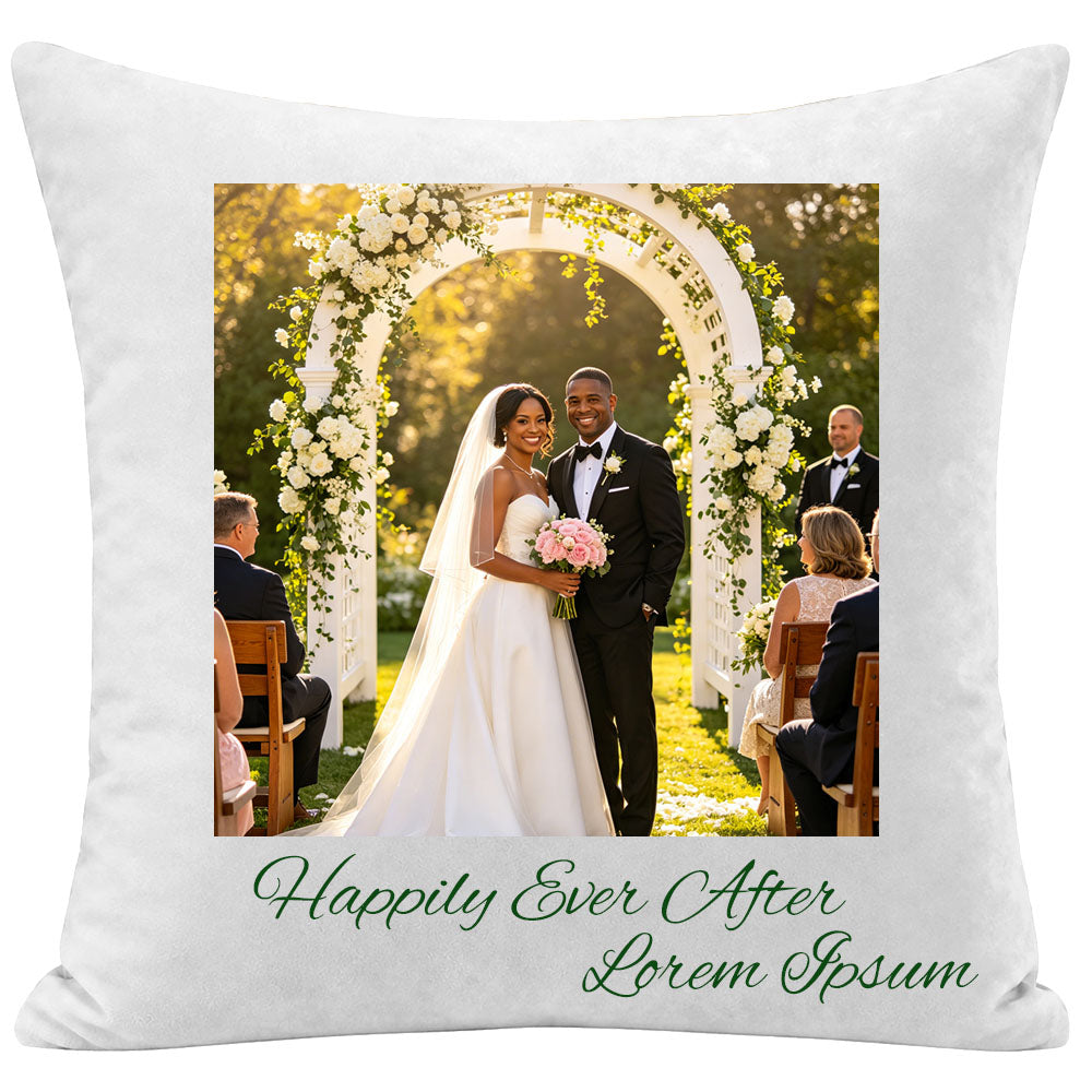 Custom wedding photo pillow personalized with the quote "Happily Ever After", featuring a couple at their outdoor ceremony. A premium keepsake cushion, perfect as a sentimental gift for newlyweds, anniversaries, bridal showers, or wedding keepsakes.