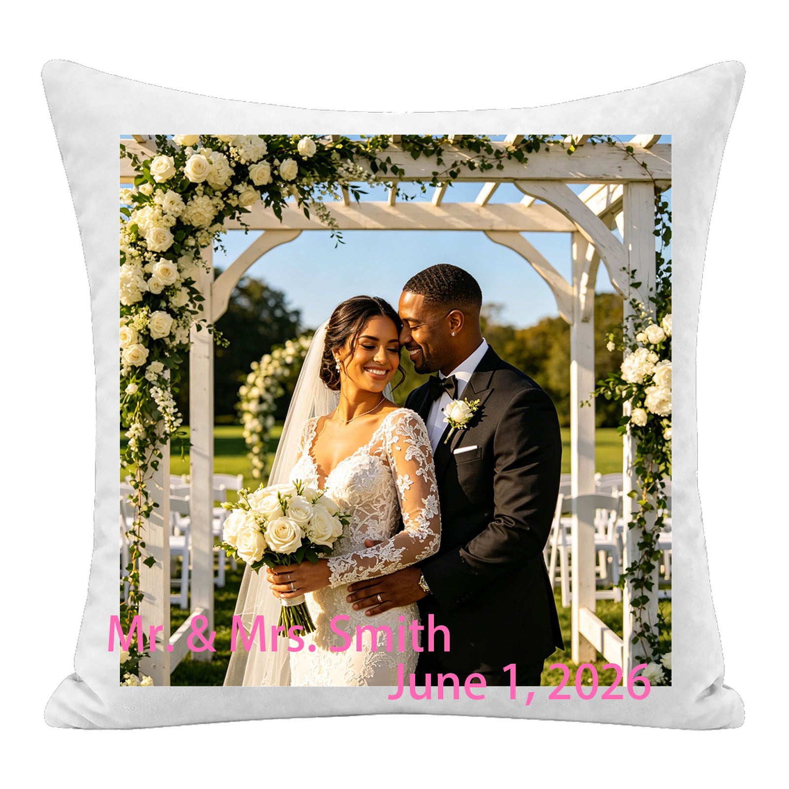 Custom wedding photo pillow personalized with the couple’s names (Mr. & Mrs. Smith) and wedding date. Premium keepsake cushion, perfect as a sentimental wedding, anniversary, or newlywed home decor gift.