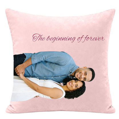 Custom wedding photo pillow with "The beginning of forever" text, personalized newlywed keepsake pillow, romantic couple portrait throw pillow, premium custom wedding decor for couples
