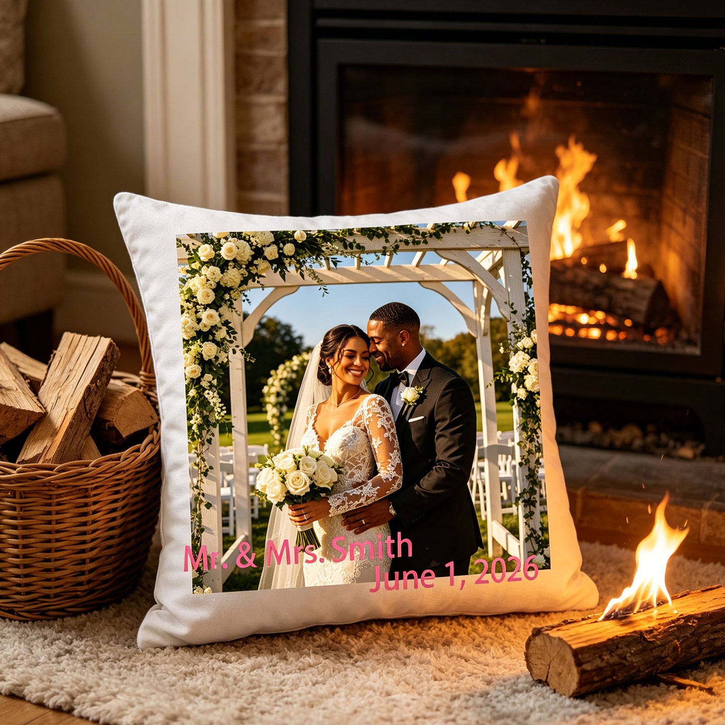 Personalized wedding keepsake pillow placed on a soft rug by a glowing fireplace. A warm, romantic addition to evenings at home, celebrating love and marriage.