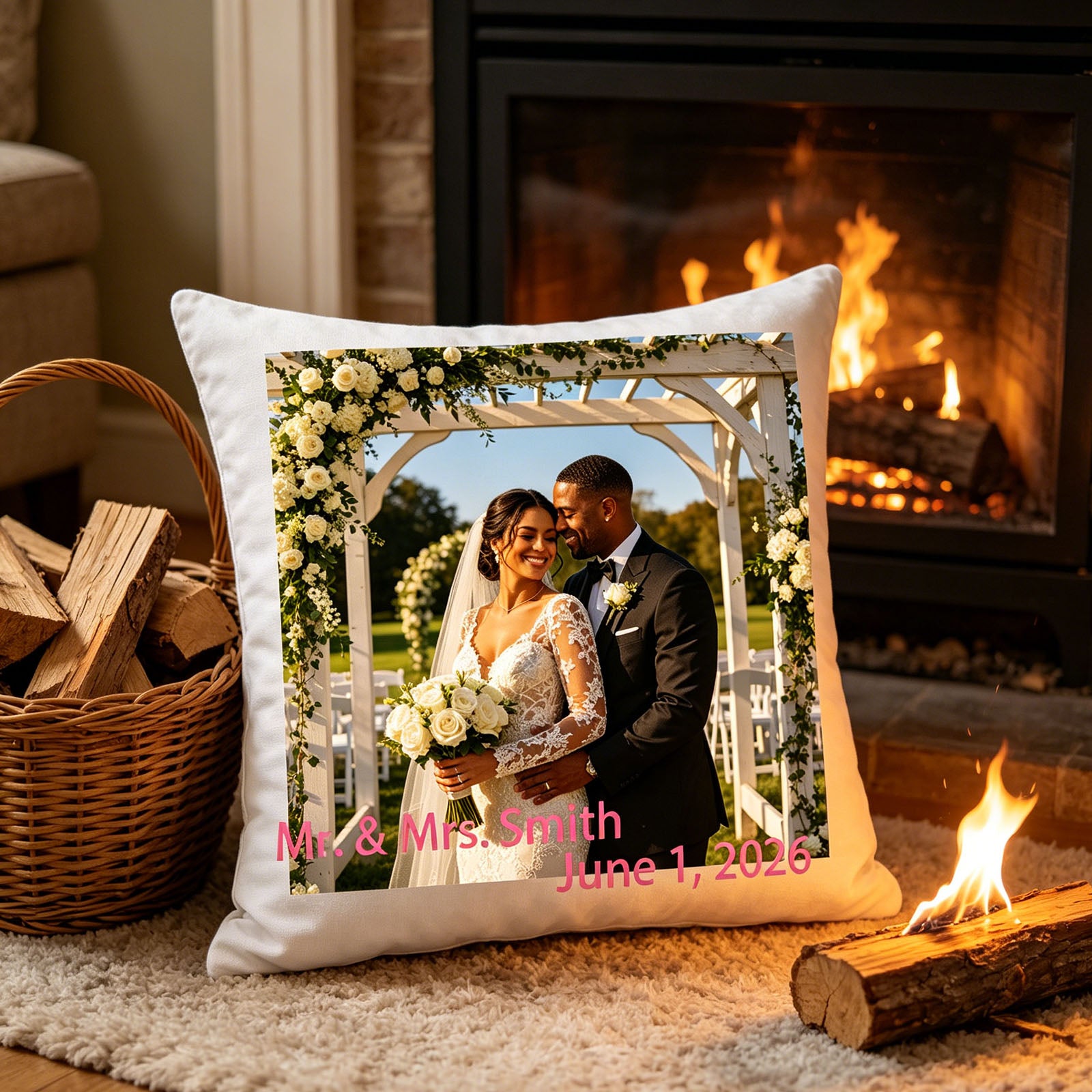 Personalized wedding keepsake pillow placed on a soft rug by a glowing fireplace. A warm, romantic addition to evenings at home, celebrating love and marriage.