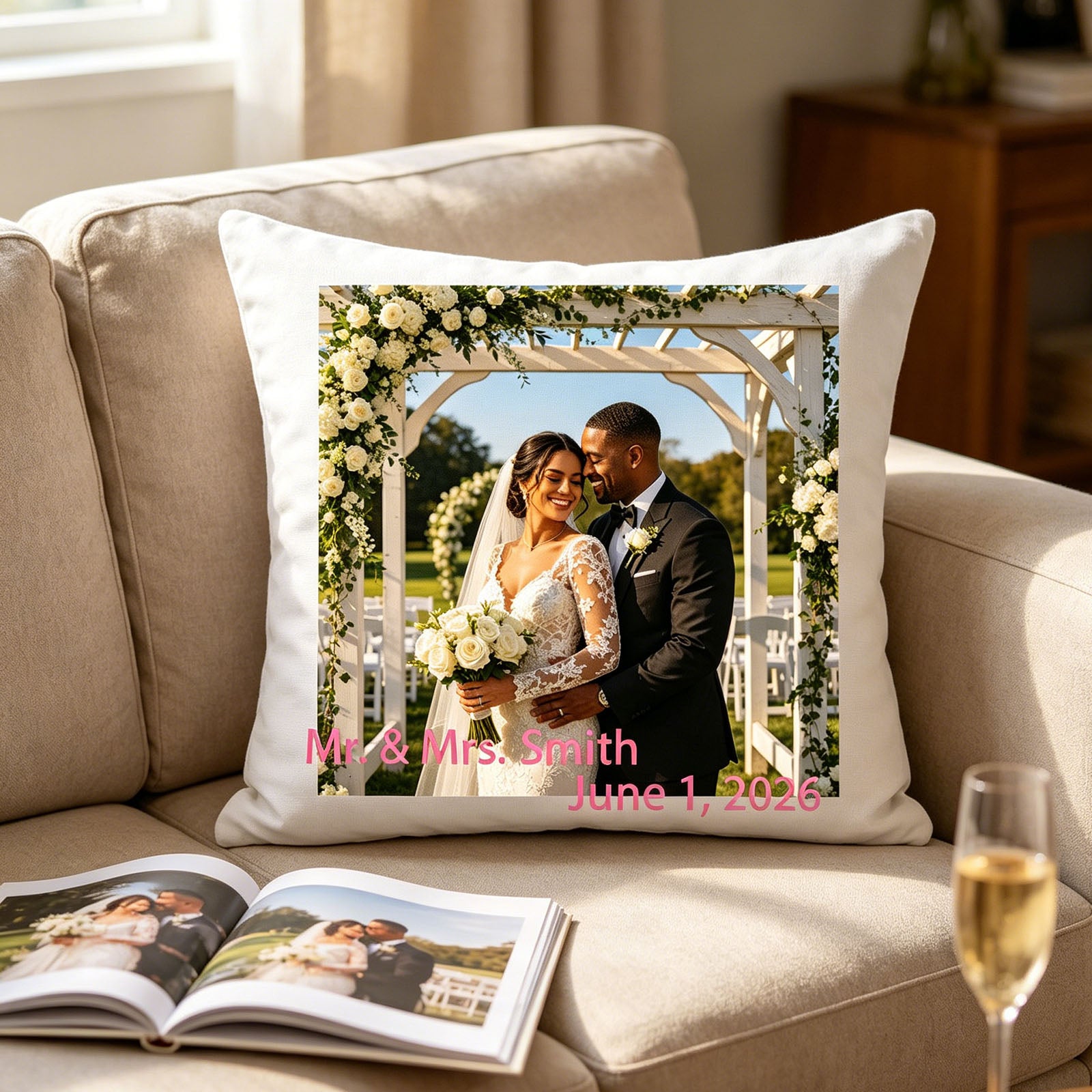 Custom wedding photo pillow resting on a cozy beige sofa, next to a wedding photo album and a glass of champagne. A sweet reminder of the couple’s love story in everyday home life.

