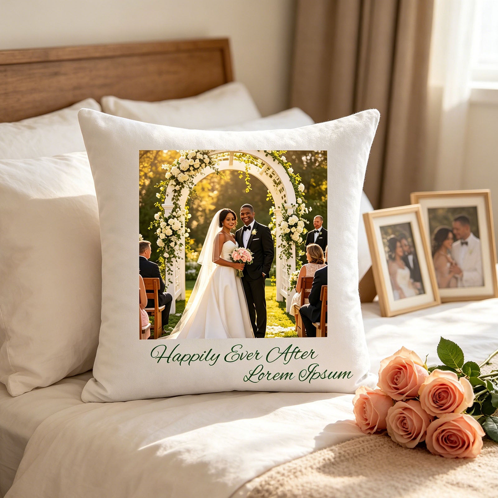 Custom wedding photo pillow placed on a sunlit master bedroom bed, surrounded by pink roses and framed wedding photos on the nightstand. A romantic, intimate touch celebrating the couple’s love story in their shared space.