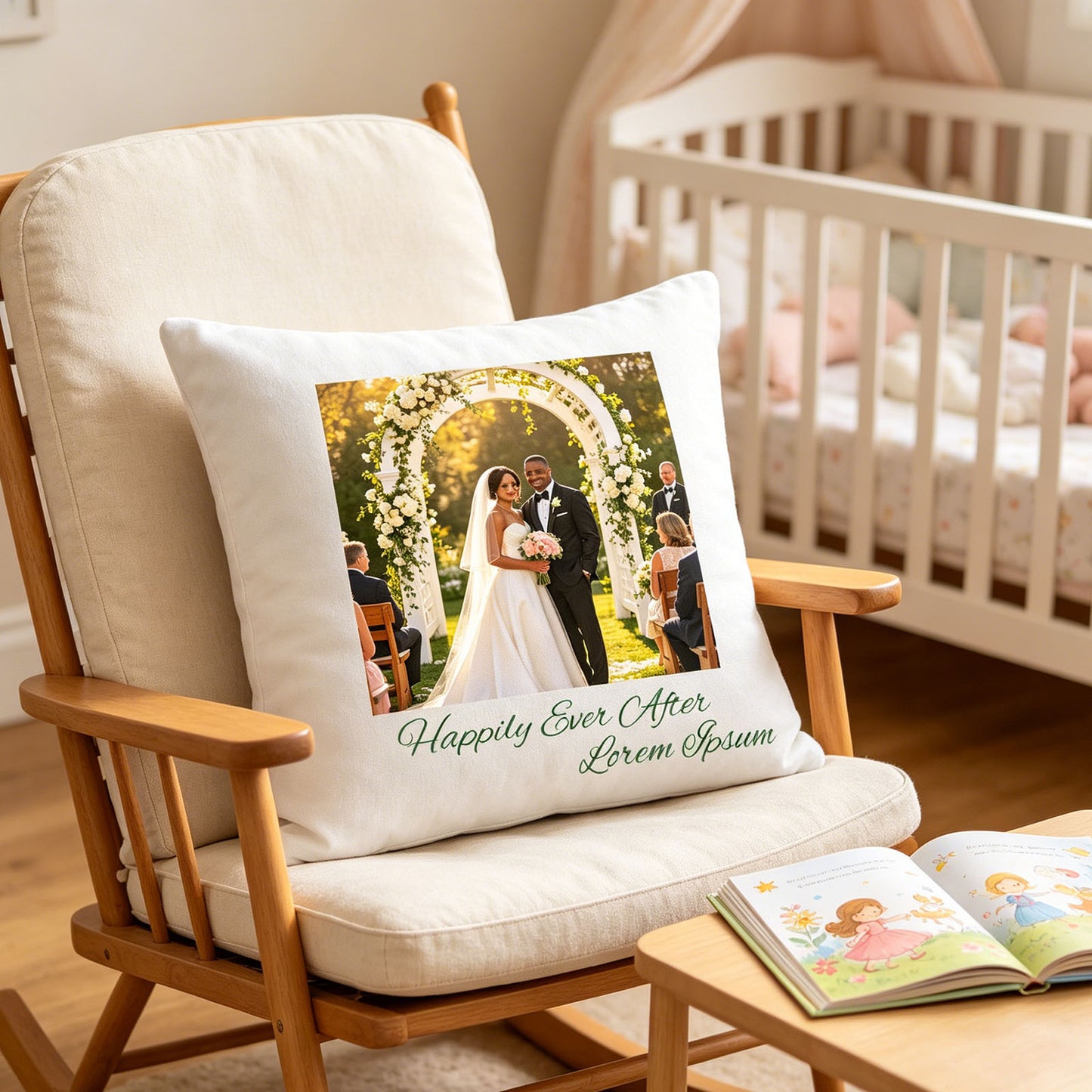 Custom wedding photo pillow placed on a wooden rocking chair in a bright nursery, with a children’s book on the side table and crib in the background. A tender, hopeful scene showing the pillow as a symbol of love growing into family life.
