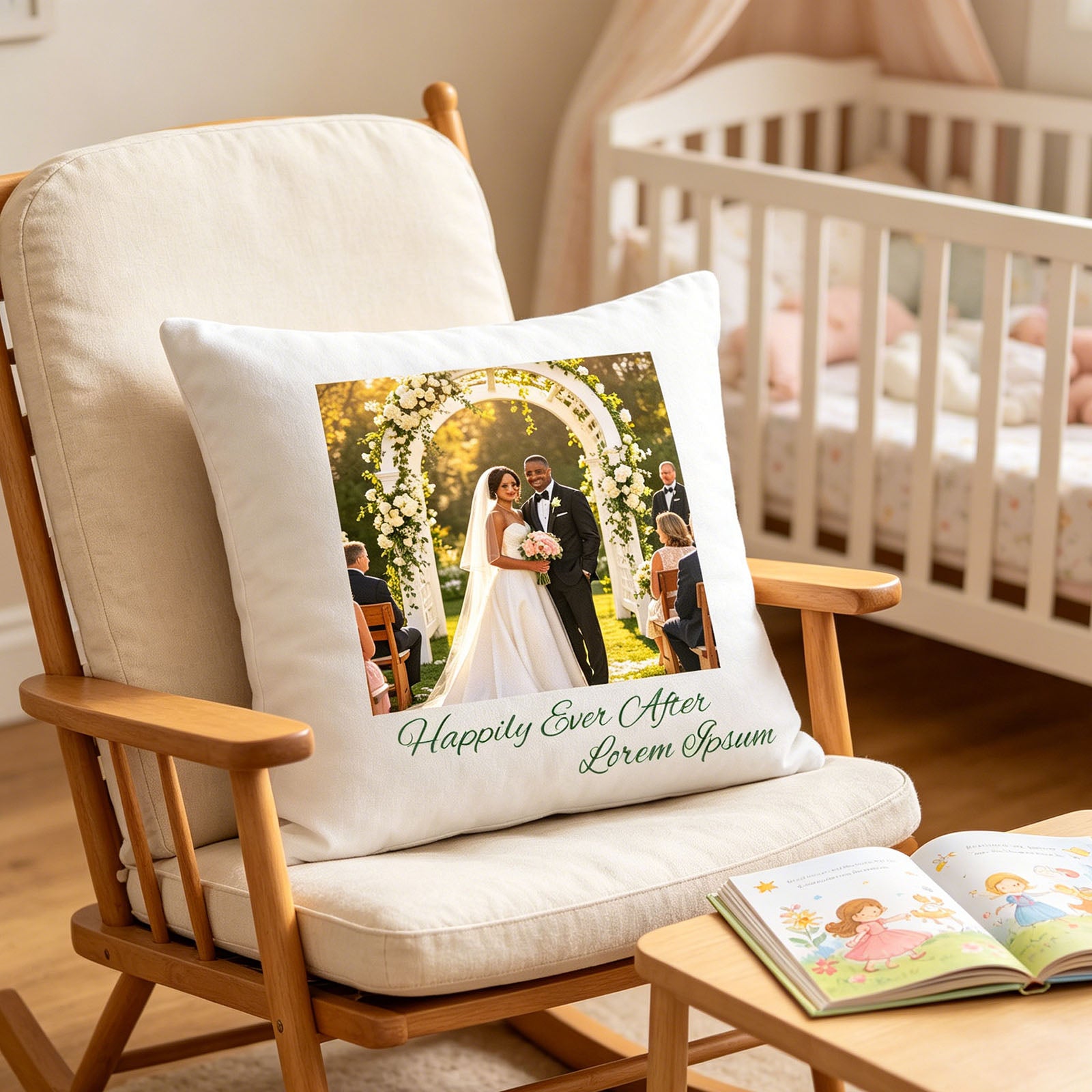 Custom wedding photo pillow placed on a wooden rocking chair in a bright nursery, with a children’s book on the side table and crib in the background. A tender, hopeful scene showing the pillow as a symbol of love growing into family life.
