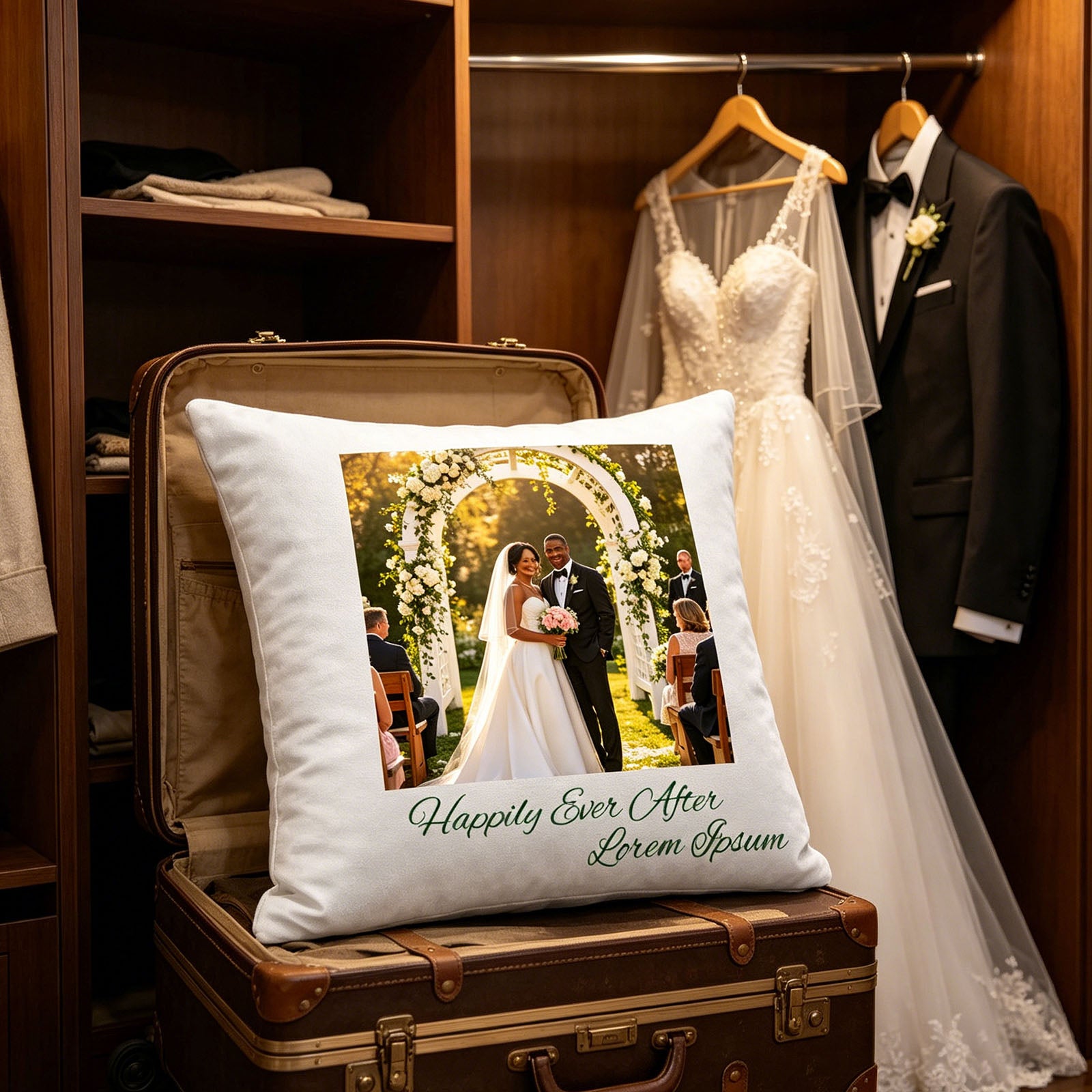 Custom wedding photo pillow placed on a vintage suitcase in a wooden closet, with the bride’s dress and groom’s tuxedo hanging in the background. A nostalgic, romantic scene celebrating the magic of the wedding day and lifelong memories.