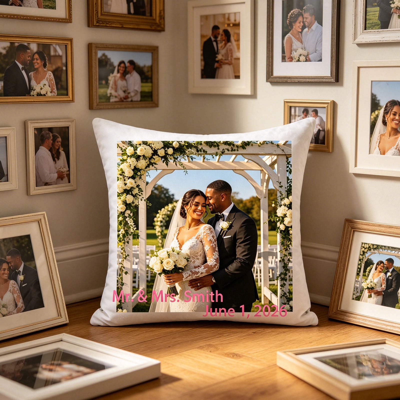 Custom wedding photo pillow displayed on a wooden floor, surrounded by framed wedding photos. Blends seamlessly with a couple’s memory wall, making it a beautiful addition to any home.