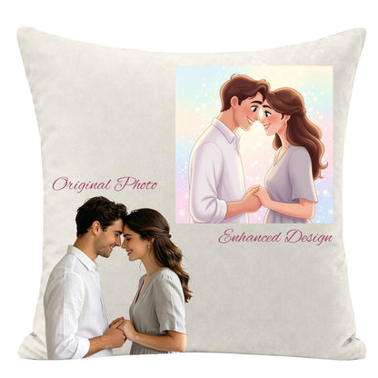 Custom couple photo pillow showing Disney-style cartoon transformation, original photo vs enchanted illustration, premium personalized keepsake gift for couples