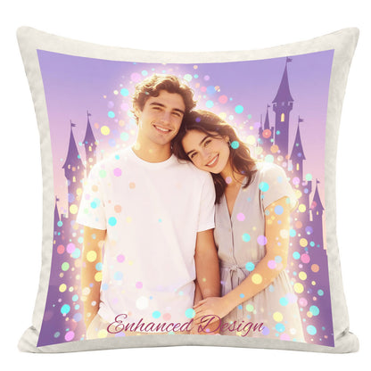 Enchanted fairytale couple pillow with Disney castle background, magical light effect, personalized photo transformation for dreamy gifts