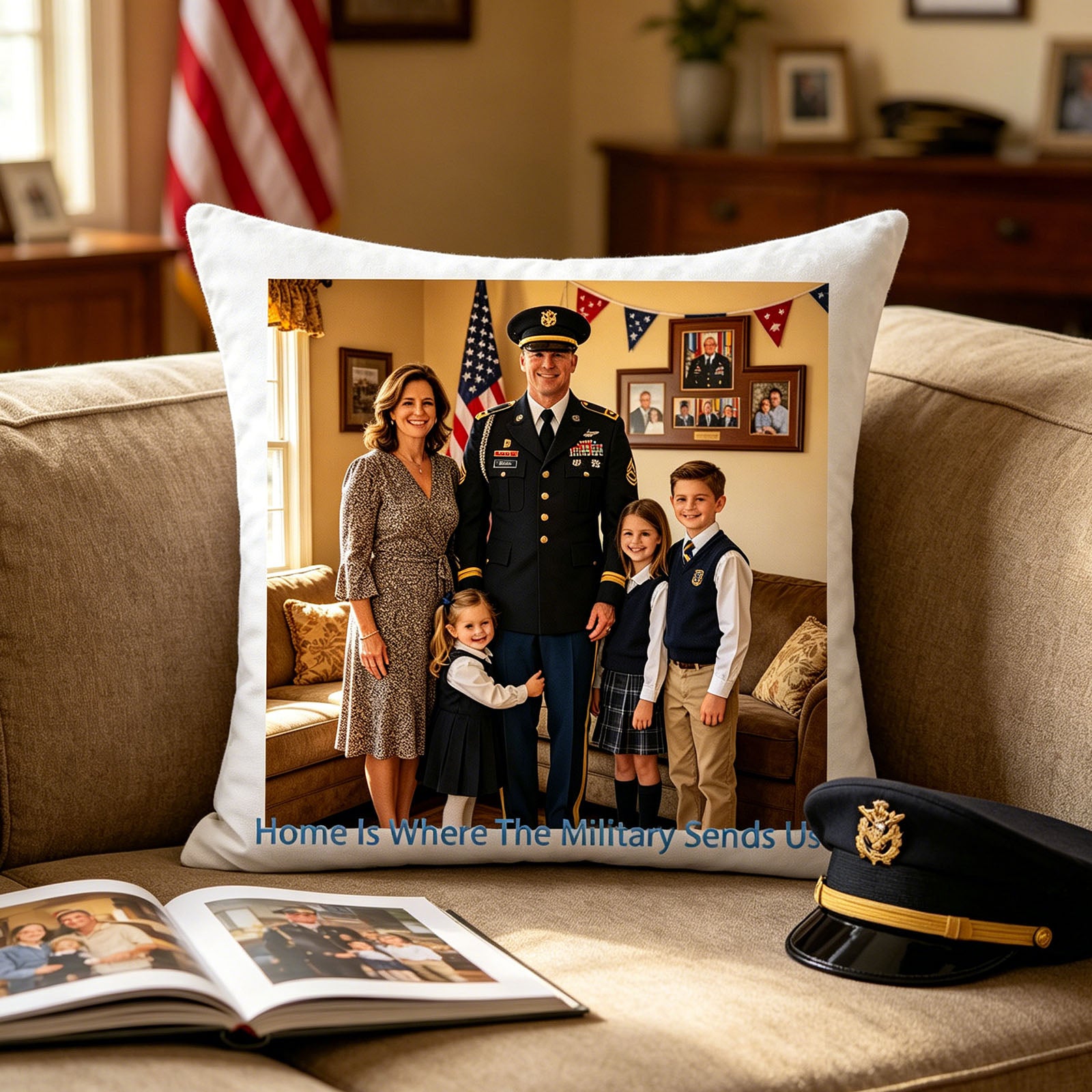 Custom military family photo pillow resting on a cozy beige living room sofa, next to a military dress cap and family photo album. A heartfelt reminder of your family’s service and love in everyday home life.
