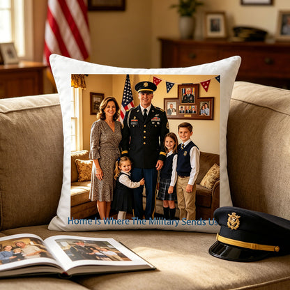 Custom military family photo pillow resting on a cozy beige living room sofa, next to a military dress cap and family photo album. A heartfelt reminder of your family’s service and love in everyday home life.