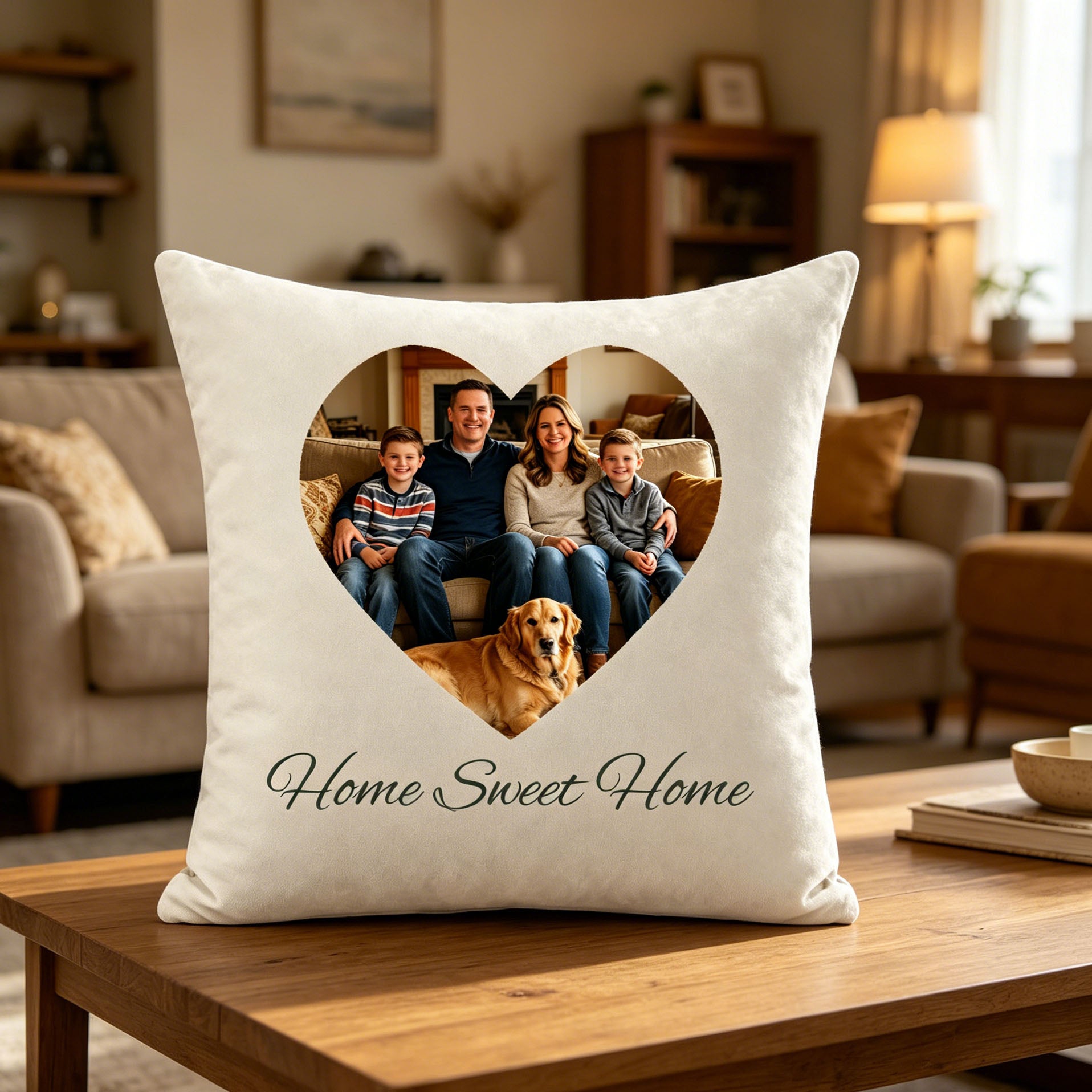 Family of four holding a custom photo velvet pillow, a warm keepsake gift for Mother's Day and Christmas