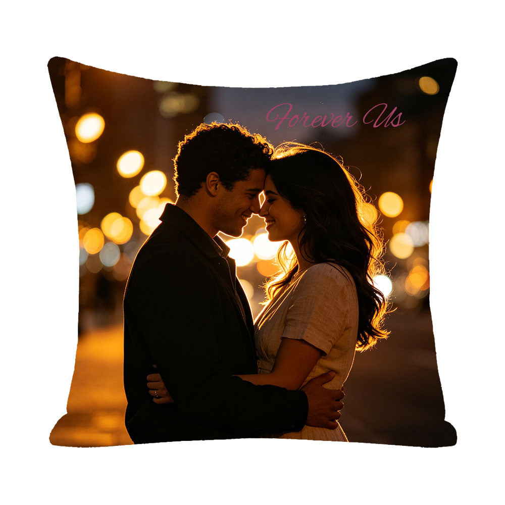 "Forever Us" custom couple pillow, night city bokeh lights background, couple hugging face to face, personalized photo pillow, romantic home decor for couples