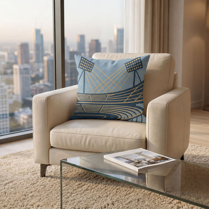Custom football photo pillow placed in modern gamer lounge with sports ambient decor, ideal cushion for all-night World Cup match viewing, personalized with gamer & football combined photos.