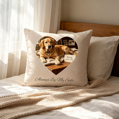Serene bedroom scene with golden retriever memorial pillow on sunlit bed