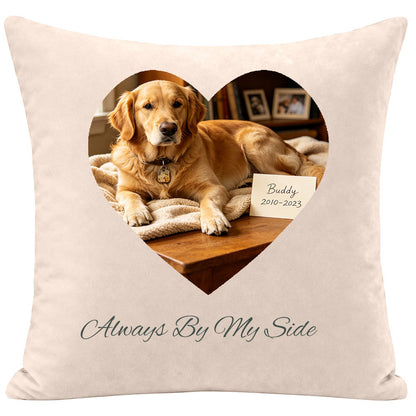 Woman holding golden retriever memorial pillow for comfort and remembrance
