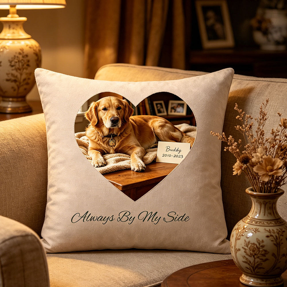 Luxury golden retriever memorial pillow styled on neutral linen sofa in cozy living room