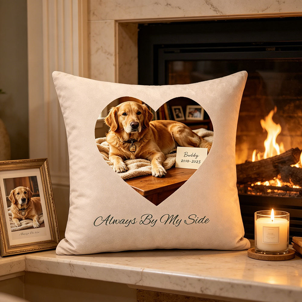 Curated fireplace mantel decor with golden retriever memorial pillow and keepsakes
