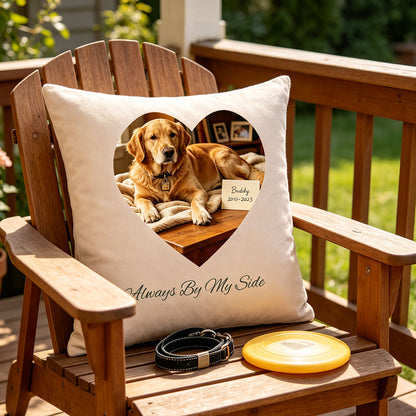 Pet memorial pillow placed on patio chair honoring beloved golden retriever