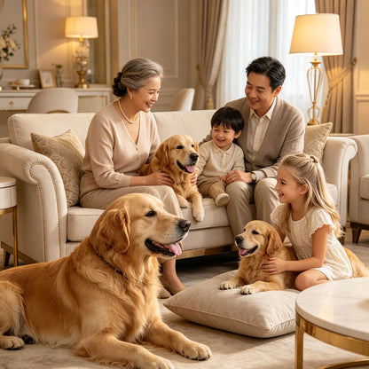 Custom pet photo pillow cover capturing golden retriever family moment, luxury dog lover gift
