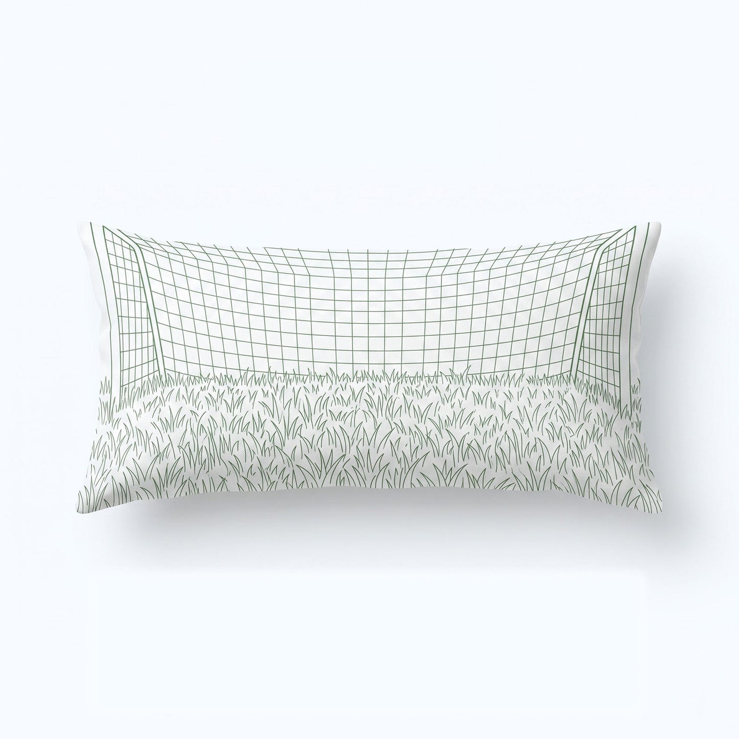 Minimal hand-drawn soccer goal net & grass lumbar custom pillow, slim rectangular sports cushion for office chair & sofa, World Cup minimalist home decor customizable with custom sports quotes.