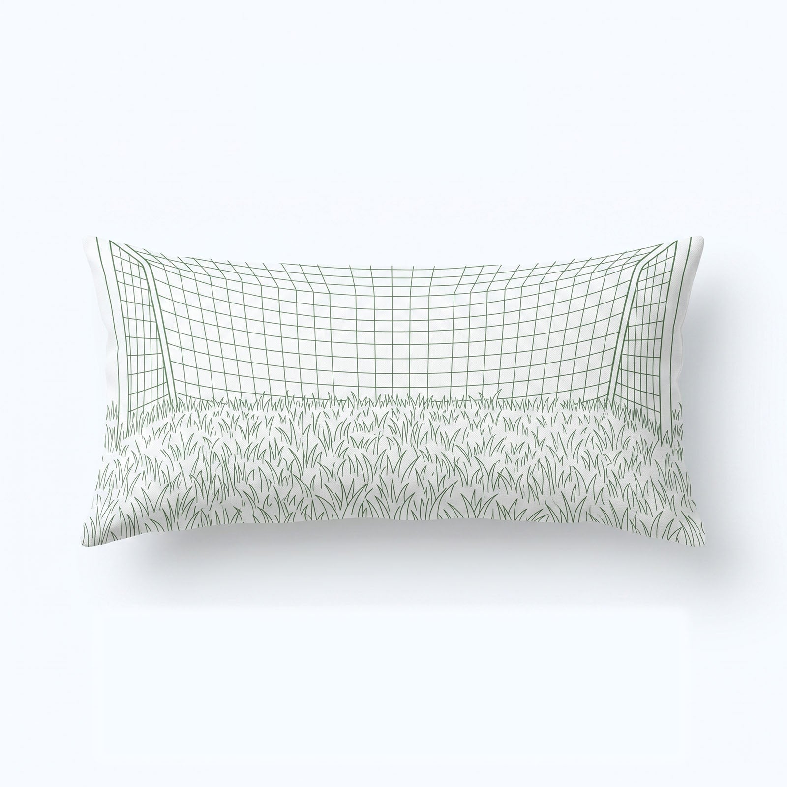 Minimal hand-drawn soccer goal net & grass lumbar custom pillow, slim rectangular sports cushion for office chair & sofa, World Cup minimalist home decor customizable with custom sports quotes.