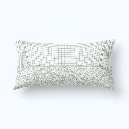 Minimal hand-drawn soccer goal net & grass lumbar custom pillow, slim rectangular sports cushion for office chair & sofa, World Cup minimalist home decor customizable with custom sports quotes.