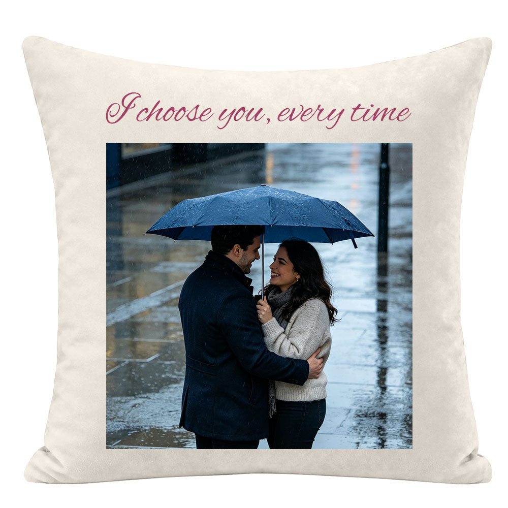 "I choose you, every time" custom couple pillow cover, framed photo of couple under umbrella in rainy city, personalized keepsake for love, anniversary gift for partners