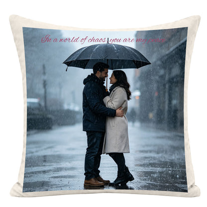 "In a world of chaos you are my peace" custom couple pillow, framed photo of couple under umbrella in rainy city street, personalized love quote pillow, romantic home decor