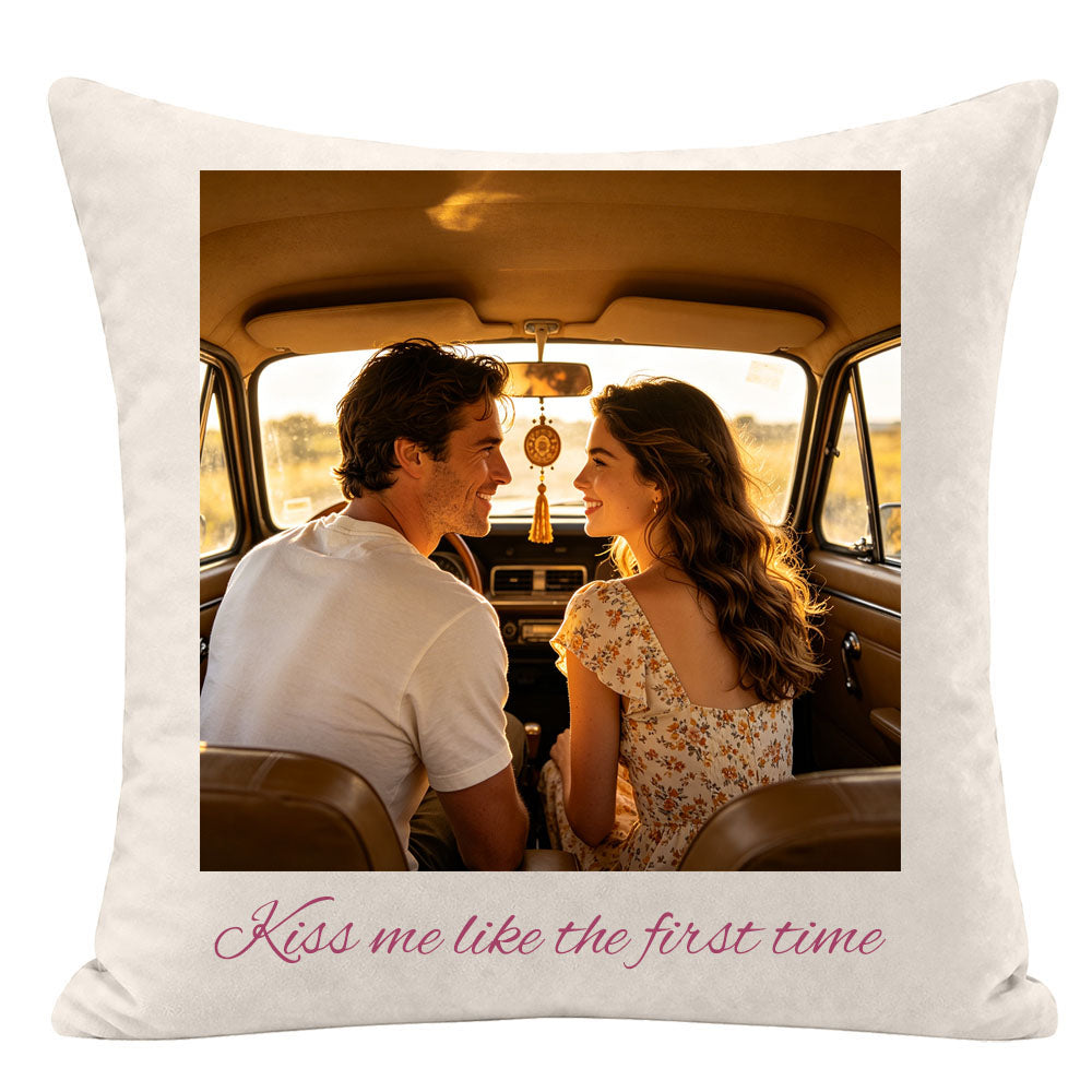 "Kiss me like the first time" custom couple pillow, framed photo of couple in vintage car at sunset, personalized love quote pillow, romantic home decor for couples